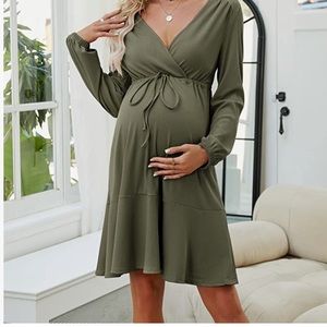 Maternity Knee Length Dress Wrap Drawstring Long